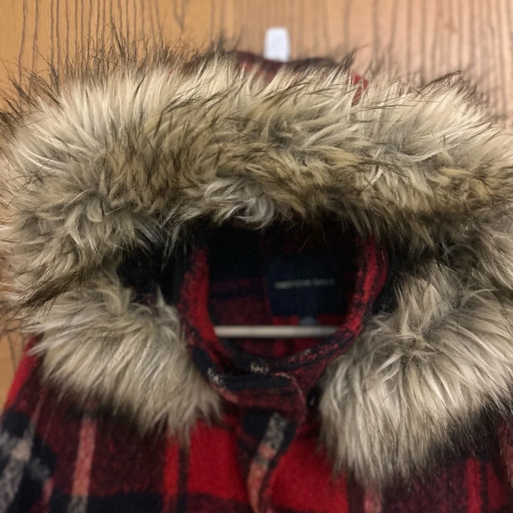 American Eagle Outfitters Red and Black Plaid Jacket with Faux Fur - Picture 8 of 8